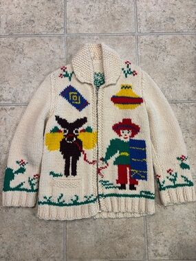 Vintage 50s Cowichan Mexico Donkey Knit Cardigan Sweater Medium Small Cream Wool